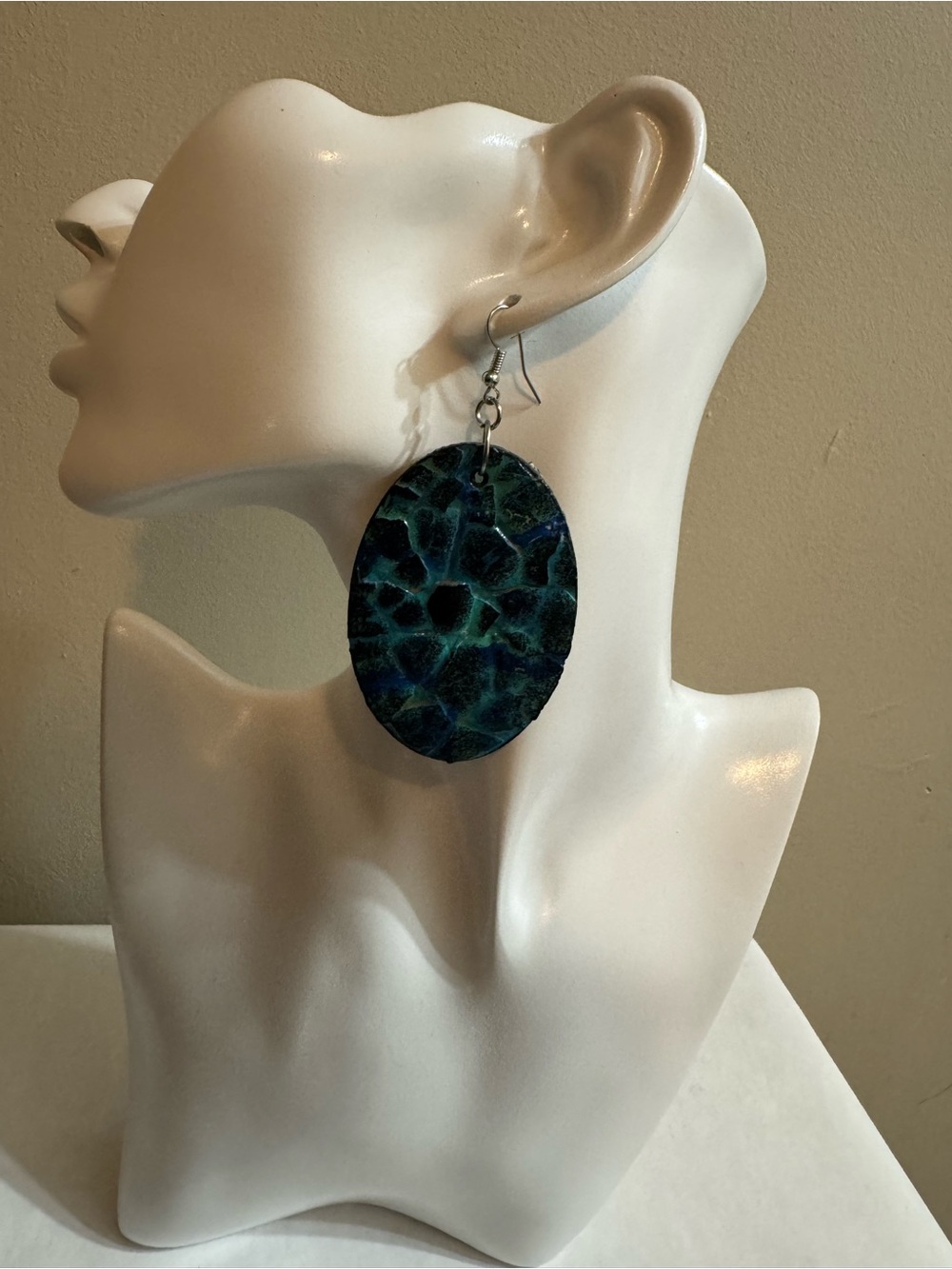 Handmade Teal & Black Oval Dangle Earrings by